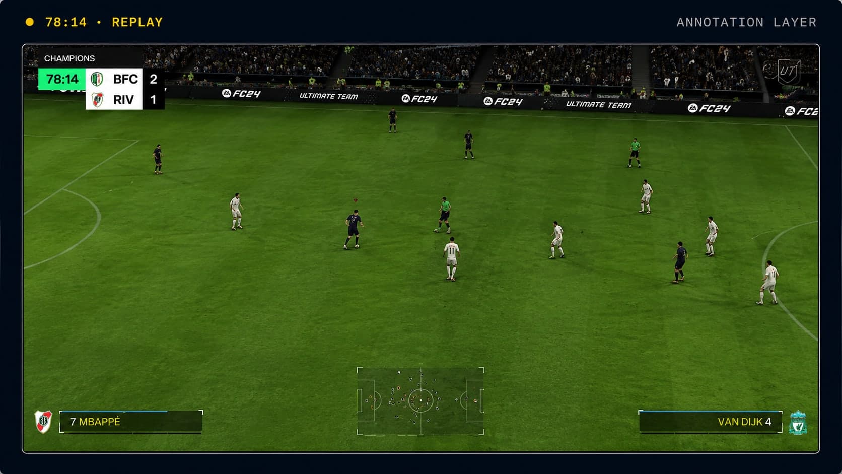Minute 78:14 of a match, unmarked. Eleven players spread across the middle third and nothing drawn over them yet — the frame exactly as the player saw it.