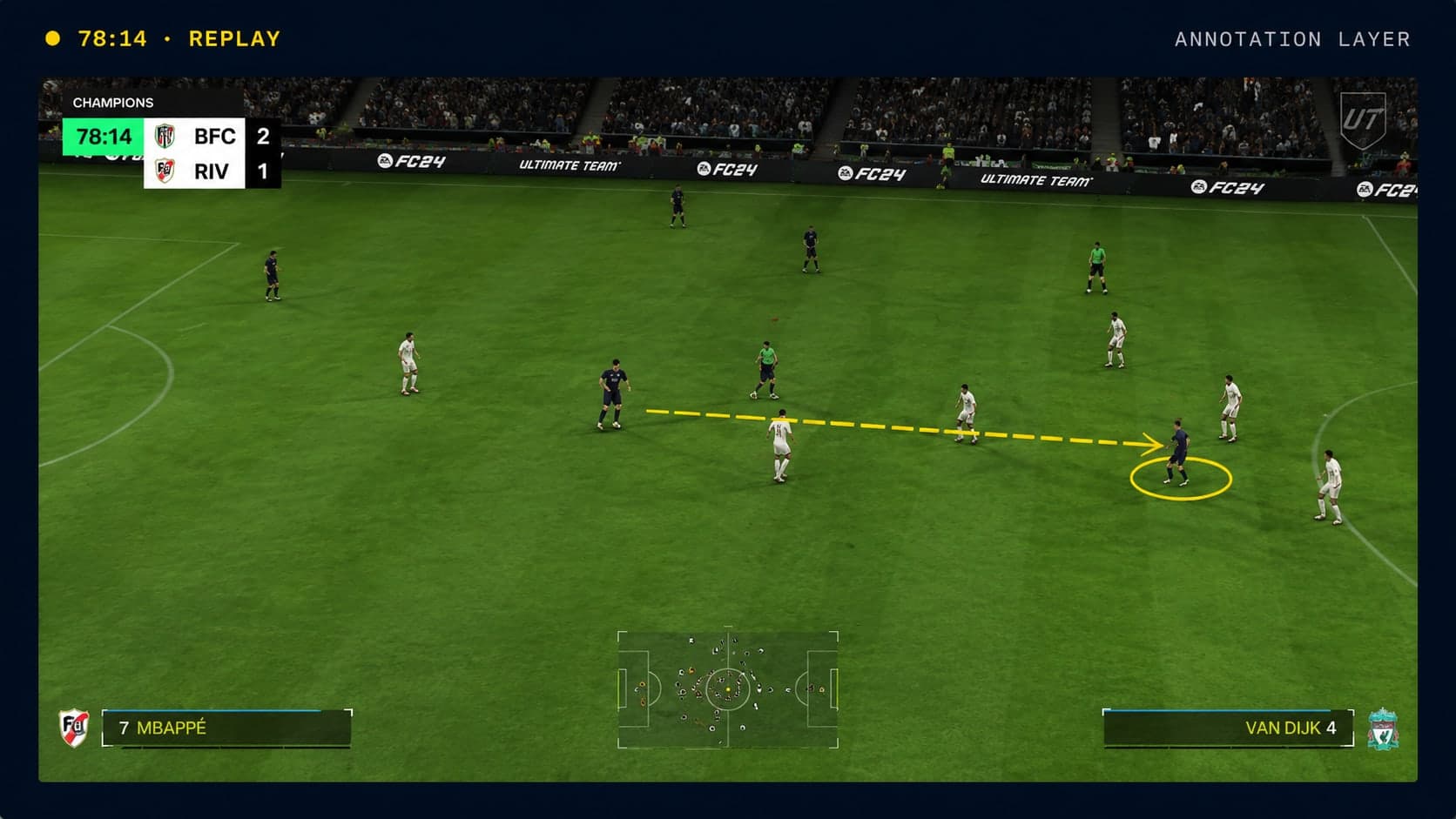 The same passage played again, this time correctly: the pass reaches the far player, who is circled at the destination. No labels needed any more.
